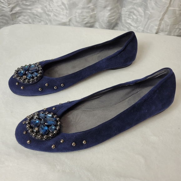 Stuart Weitzman Suede Flats navy jeweled size 10 N - Picture 1 of 11